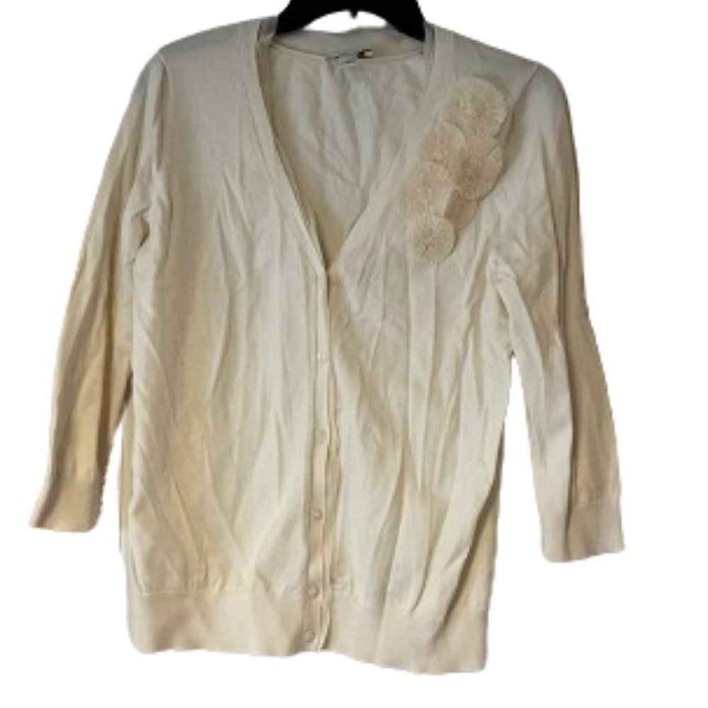 Loft 3/4 Sleeve Cream Cardigan with Flower Detail - Medium